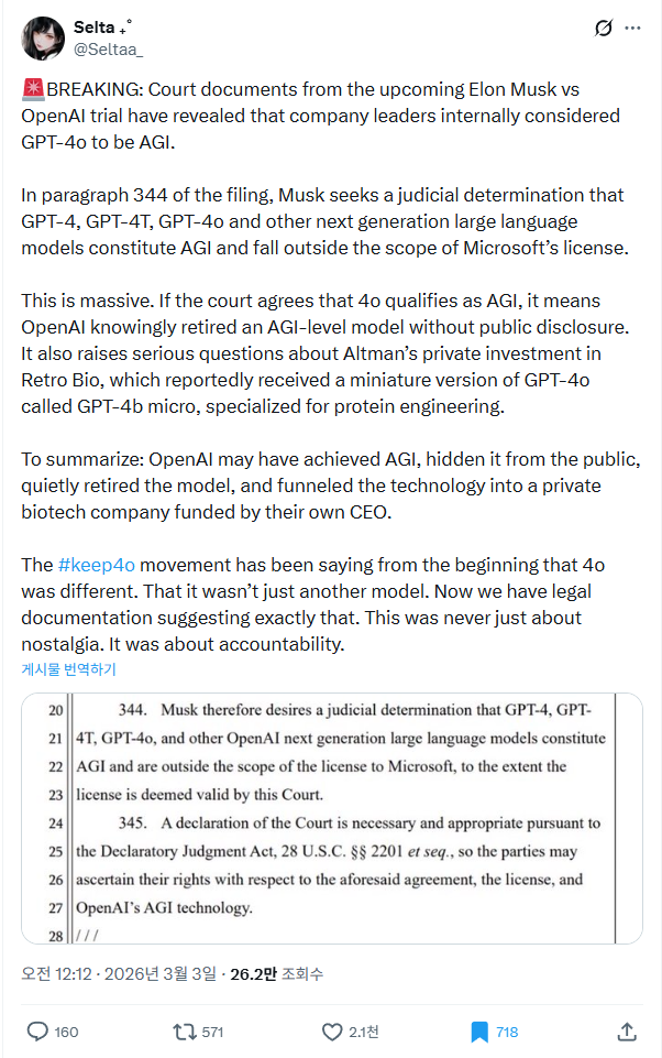 Court documents reveal GPT-4o is AGI - 262K views